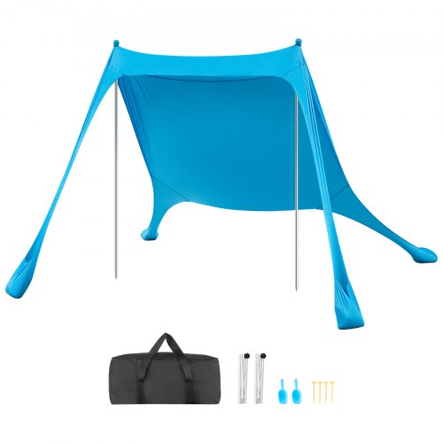 VEVOR Strandzelt mit Sonnenschutz (UPF 50+) 2,3 x 2,3 x 2 m Grundfläche, Strandmuschel mit Stützstangen & Sandschaufeln, Tragbares Sonnensegel für Familienausflüge Camping Angeln Blau