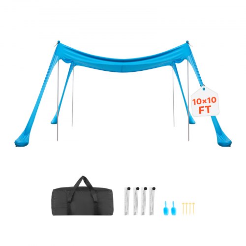 VEVOR Strandzelt mit Sonnenschutz (UPF 50+) 3 x 3 x 2 m, Strandmuschel mit 4 Sandsäcken & Stabilisierungsstangen & Sandschaufeln, Tragbares Sonnensegel für Familienausflüge Camping Angeln Blau