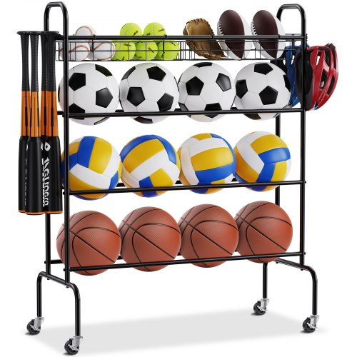 VEVOR Basketballständer, 4-lagiger rollender Basketball-Schieß-Trainingsständer, Aufbewahrungsorganisator für Sportgeräte mit Rädern, Haken und Körben, Garagenball-Aufbewahrungshalter für Fußball, Fußball, Volleyball