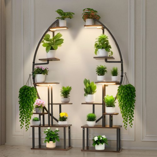VEVOR Pflanzenständer mit Wachstumslichtern 2er Pack, 7-stufiger Blumenständer, Blumentreppe, Pflanzentreppe, 3 Timer- & 10 Helligkeitsstufen, Blumenregal für das Wohnzimmer, 550x260x1665mm