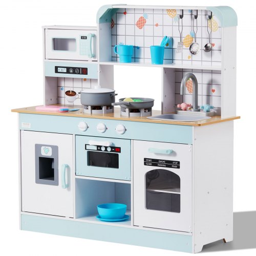 VEVOR Spielküche für Kinder, Holzspielzeug-Küchenset mit Lichtern und Geräuschen, Kleinkinderküche mit Eismaschine, Ofen, Spüle, Mikrowelle, Kühlschrank und Utensilien- und Obstzubehör für Kleinkinder im Alter von 3–8 Jahren, weiß
