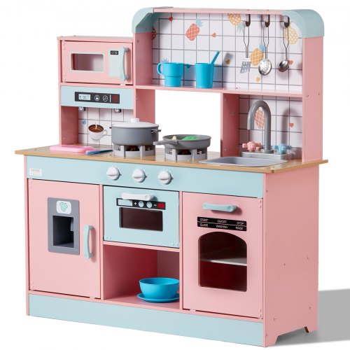 VEVOR Spielküche für Kinder, Holzspielzeug-Küchenset mit Lichtern und Geräuschen, Kleinkinderküche mit Eismaschine, Ofen, Spüle, Mikrowelle, Kühlschrank und Utensilien- und Obstzubehör für Kleinkinder im Alter von 3–8 Jahren, Rosa