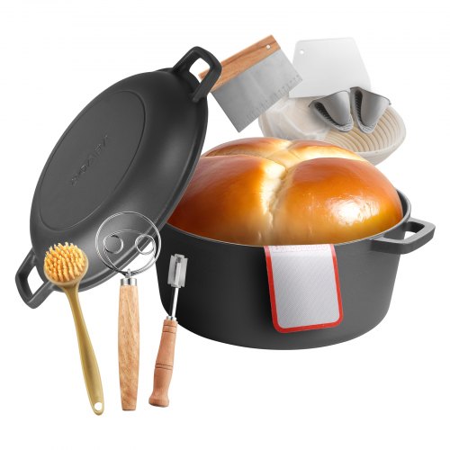 VEVOR Dutch Oven aus Gusseisen, 2 in 1 Schmortopf mit Bratpfannendeckel, 4,73 L robustes Kochgeschirr mit Gärkorb & Brotbackzubehör, Brotbackofen-kompatibel 260 ℃ Brottopf