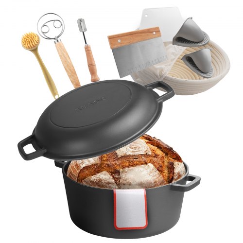

VEVOR Dutch Oven aus Gusseisen, 2 in 1 Schmortopf mit Bratpfannendeckel, 4,73 L robustes Kochgeschirr mit Gärkorb & Brotbackzubehör, Brotbackofen-kompatibel 260 ℃ Brottopf
