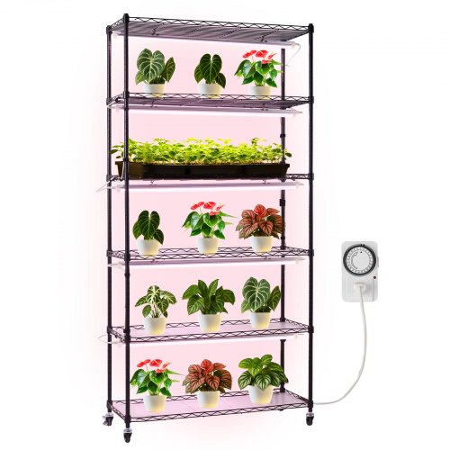 VEVOR Pflanzenregal mit Wachstumslichtern, 6-stufiger Pflanzenständer für Zimmerpflanzen mit Rädern & Timer, 150W 3800K Vollspektrum Licht, Metall-Blumenregal für die Samenanzucht, 90x35x180cm