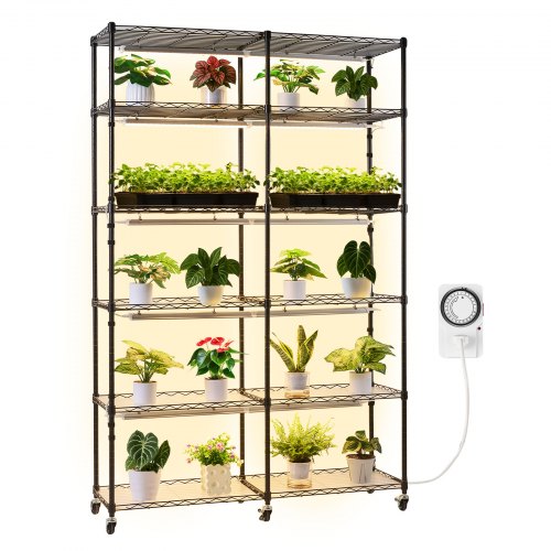 VEVOR Pflanzenregal mit Wachstumslicht, 6-stufiger doppelreihiger Pflanzenständer für Zimmerpflanzen mit Rädern & Timer, 200-W-Vollspektrum-Lichter, Blumenregal für Samenanzucht, 120x35x180cm