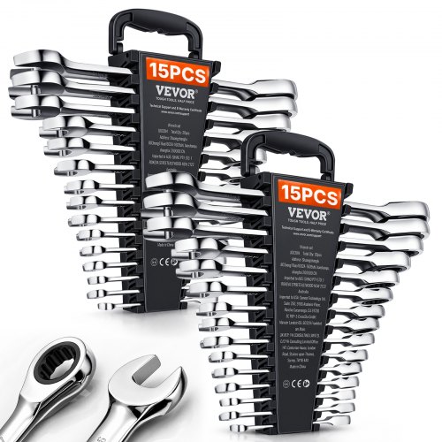 VEVOR Schlüsselsatz 30-teiliger Ratschenschlüsselsatz mit Organizer-Rack, Cr-V-Stahl-Schlüsselsatz SAE 1/4 bis 1 Zoll, metrisch 8 bis 24 mm, ideal für den allgemeinen Haushalt, Garage, Werkstatt