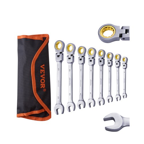 VEVOR Flexhead-Ratschenschlüsselsat  8-teiliger Ringmaulschlüsselsatz mit Rolltasche, Cr-V-Stahl flexibler Ratschenschlüsselsatz metrisch 8 mm bis 17 mm, ideal für Haushalts- und Autoreparaturen