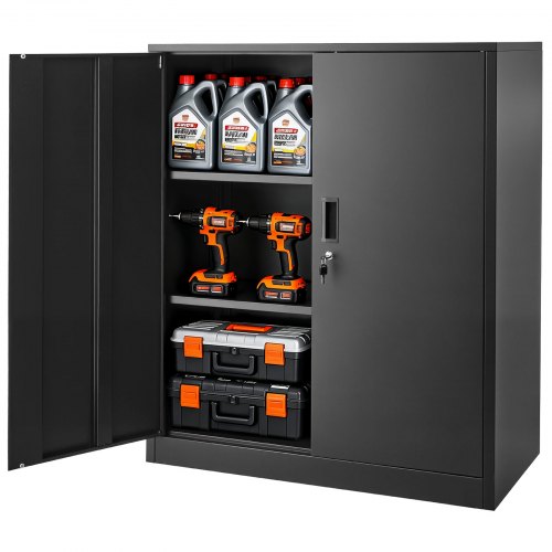 VEVOR metalen opbergkast, 3 niveaus, 106 cm hoog, garagekast met verstelbare planken, 2 magnetische deuren en 2 sleutels, geschikt voor voorraadkast, magazijn, kelder, zwart