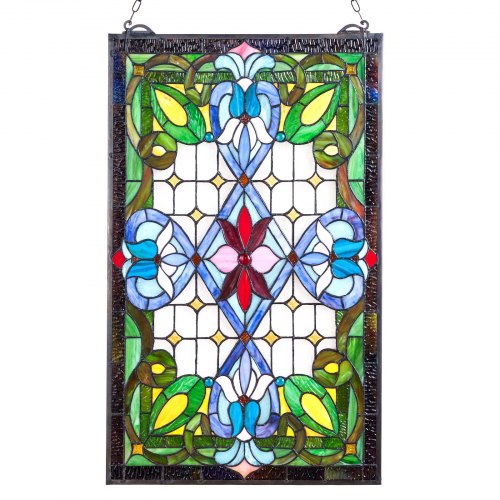 

VEVOR Buntglasfensterpaneel (731 x 433 mm) hängendes Buntglas mit Kette, Buntglas im Tiffany-Stil zum Aufhängen, traditionelles rechteckiges Vintage-Kunsthandwerk Fensterdekor für Küche & Kirchen