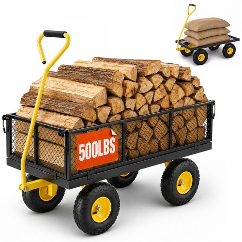 VEVOR-wagen 226,80 kg, transportwagen, tuinwagen, gereedschapswagen, handkar met grote all-terrain banden, afneembare zijpanelen van gaas en 180° draaibare handgreep, geel/zwart
