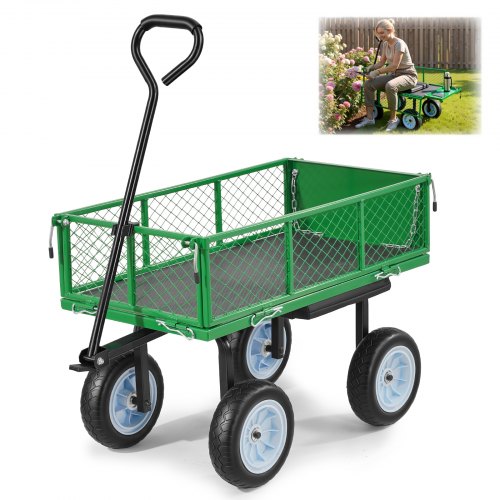 VEVOR Bollerwagen 226,8 kg Tragkraft, Gartenwagen mit Sitz & PU-Rädern, Transportwagen mit Werkzeugablage & Verstellbarem Griff, Gerätewagen für Rasen, Terrasse, Garten & Grünflächen,
