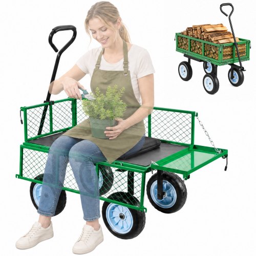 VEVOR Handkar met een draagvermogen van 226,8 kg, tuinkar met zitje en PU-wielen, transportkar met gereedschapsbak en verstelbare handgreep, gereedschapskar voor gazon, terras, tuin en groenvoorzieningen.