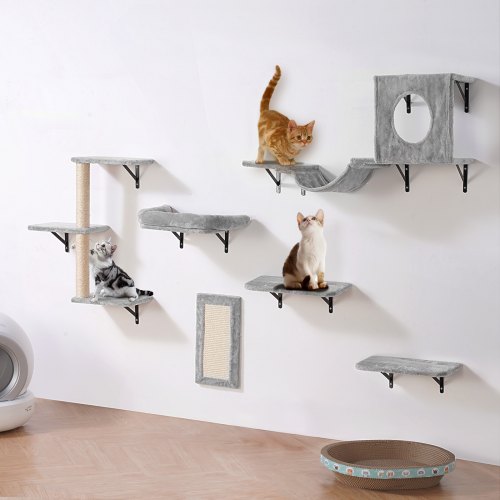 

VEVOR Katzenregale zur Wandmontage, Katzenwandregale und Sitzstangen mit Sprungbrettern, Hängematte, Sofa, Katzenbaum & Katzengriff, Katzenmöbel und Regale bis zu 18 kg zum Schlafen, Spielen, Klettern, 6er-Set