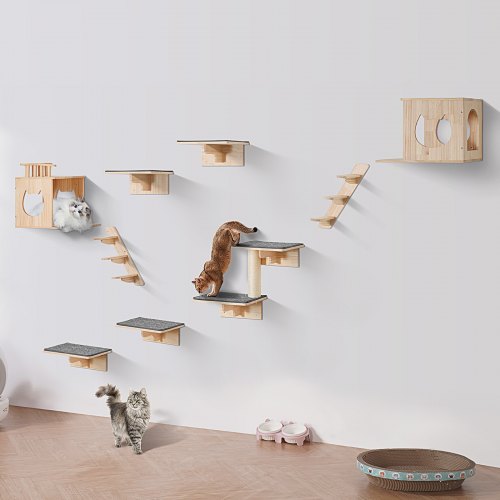 VEVOR Katzenregale zur Wandmontage, Katzenwandregale und Sitzstangen mit Sprungbrettern, Katzenbetten, Hängematten und Katzenbaum, Katzenmöbel und Regale bis zu 18 kg zum Schlafen, Spielen, Klettern, 9er-Set