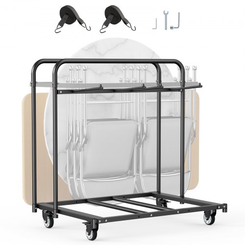 VEVOR Stuhlkarre, Klappstuhlwagen, 180 kg, für 5 Tische + 14 Stühle, Stuhlaufbewahrungswagen mit Stuhlhalter mit Lenkrollen & Feststellrädern, für Partyveranstaltungen, Hotels, Mattschwarz