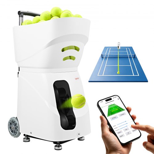 VEVOR Tennisballmaschine Max. 121 km/h Tischballwerfer 110 Ballkapazität, mit Spin-Steuerung, App-Steuerung, 2 Trainingsmodi, 4 Stunden Akkulaufzeit, Ausziehbarem Griff, Rollen und Kunststoffgehäuse