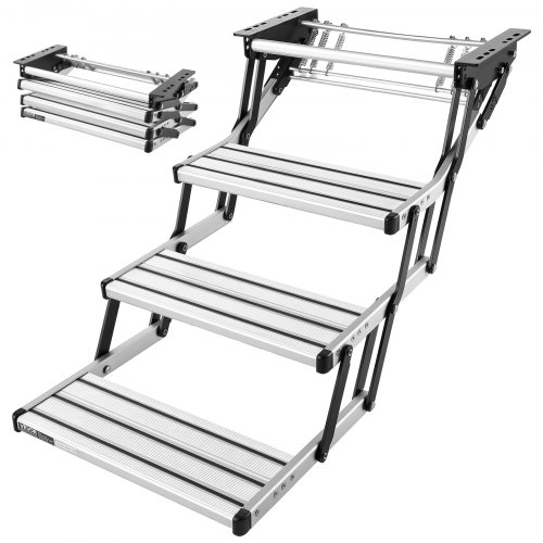 VEVOR Einziehbare Wohnmobiltreppe (3 Stufen), Wohnmobiltrittstufen mit 199,58 kg Tragkraft, Teleskopisch Klappbare Einstiegstreppe aus Aluminiumlegierung, Rutschfester Stahlrahmen für Wohnwagen