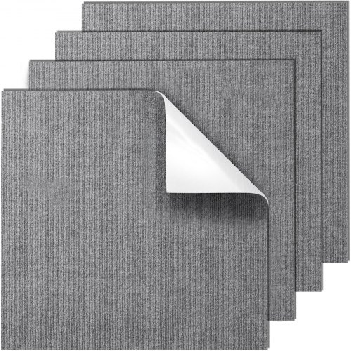 VEVOR Teppichfliesen zum Abziehen und Aufkleben, 61 x 61 cm, selbstklebende Teppichbodenfliesen, weich gepolsterte Teppichfliesen, DIY-Installation für Schlafzimmer, Wohnzimmer, (9 Stk., Hellgrau)