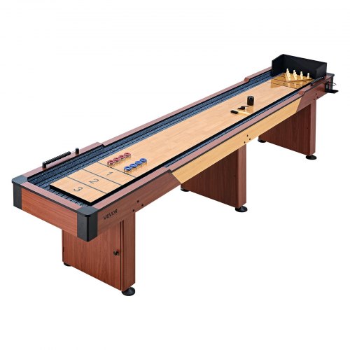 VEVOR Shuffleboard-Tisch 3,7 m 2-in-1 mit Bowling-Set und 8 Pucks Indoor, Shuffleboard mit Rustikaler Holzoptik, Kratzfester Spielfläche, Wachs und Bürste, für das Familienspielzimmer zu Hause