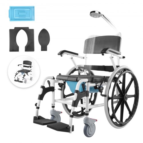VEVOR Duschrollstuhl, 17,5 Zoll breiter Badezimmerrollstuhl aus Aluminiumlegierung für die Innendusche, verstellbarer Duschrollstuhl mit Bremse für behinderte Erwachsene, 300 lbs Tragkraft, Dusch-/Toiletten-/Transportstuhl