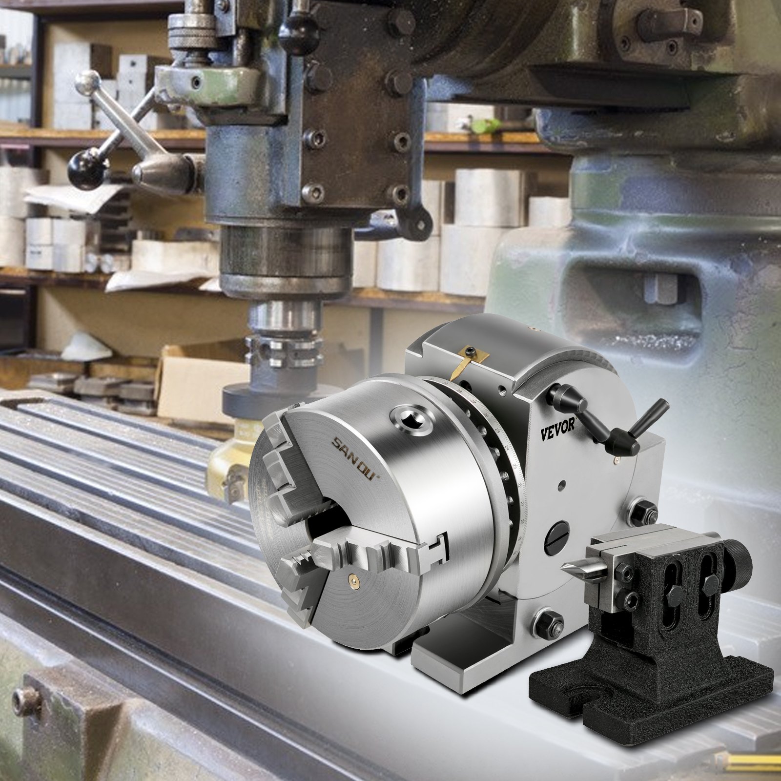 Produktbild von Frantools Teilapparat BS0 100mm – Rundtisch Mit 3-Backenfutter, Schwenkbar 0-90°, Übersetzung 1:40, Für Fräsmaschine & Bohrer
