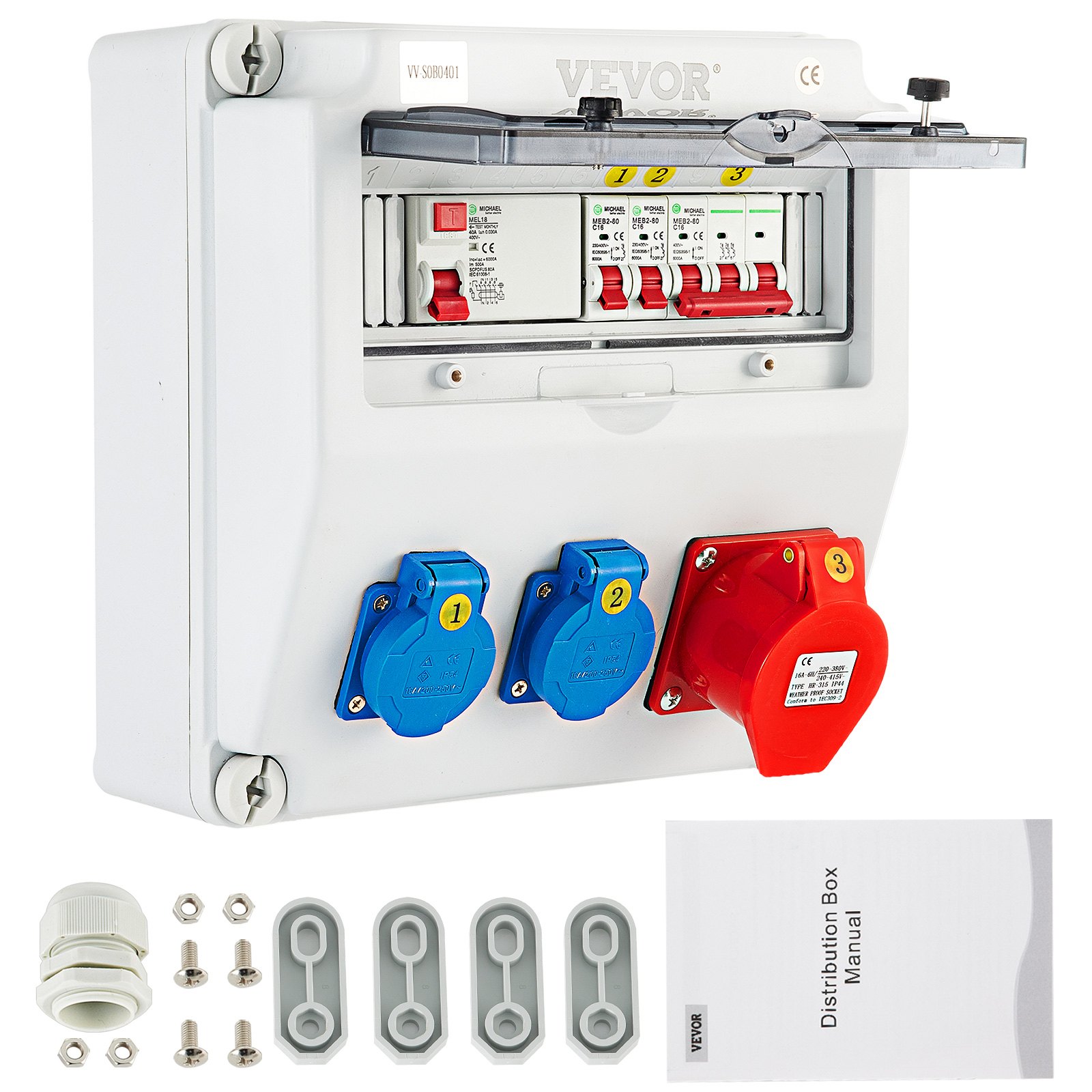 VEVOR Wandverteiler 230 V 16 A mit 2 x Steckdose Baustromverteiler, 1 x CEESteckdose 400 V 16 A VEVOR Wandverteiler 230 V 16 A mit 2 x Steckdose Baustromverteiler, 1 x CEESteckdose 400 V 16 A