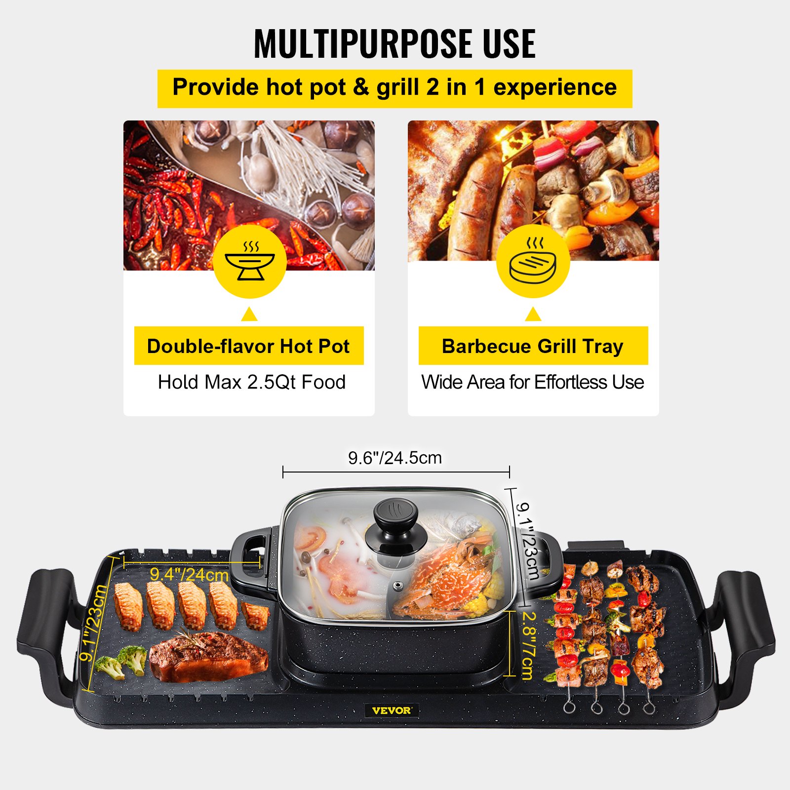 VEVOR 2 in 1 Elektrischer Hot Pot Grill, 800W+1600W Multifunktionale
