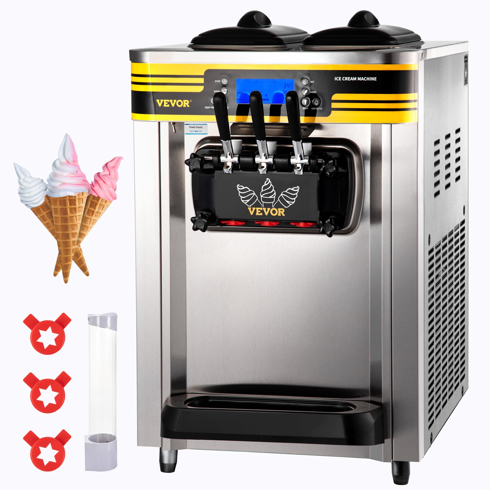 VEVOR Softeismaschine 22-30L/h - Kommerzielle Eismaschine Mit 3 Geschmacksrichtungen & LCD Display