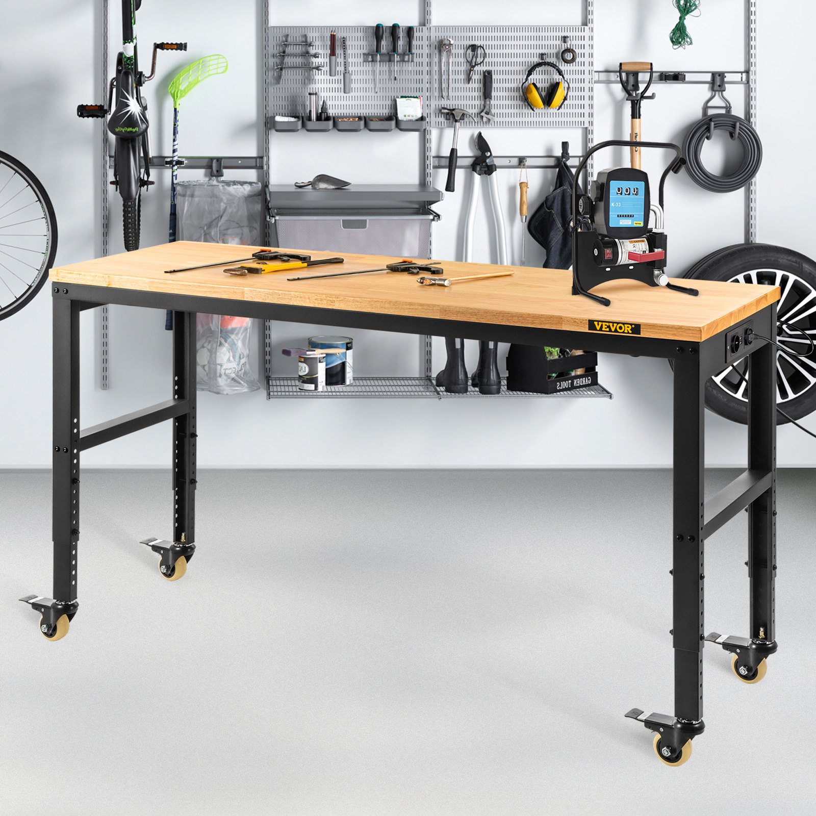 Produktbild von VEVOR Werkbank Höhenverstellbar 122x61x104 Cm – 720 Kg Tragkraft, Eichenholz, Steckdosen, Rollen, 79–104 Cm