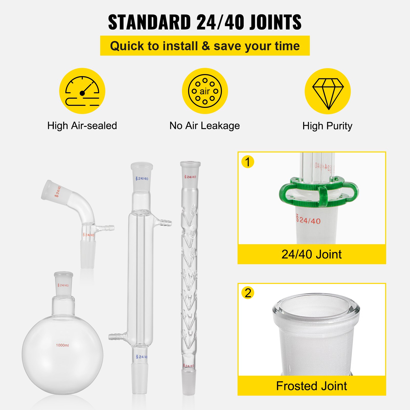 Produktbild von VEVOR Destillationsgerät 1000 Ml – 13-teilig, Borosilikatglas 3.3, 24/40 Schliff – Für ätherische Öle & Labor