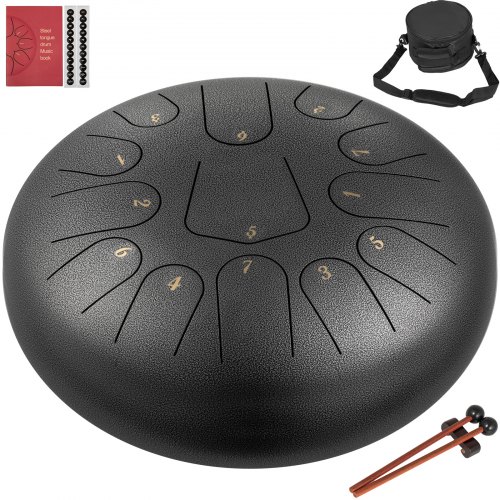 

VEVOR Hand pan de Lengüeta de Acero 13 Nota 30cm, Tambor de Lengua de Calidad con Decoración de Cuerda y Mazos, Tambor de Lengüeta Color de Pistola, Bolsa Libro de Música Color de Pistola