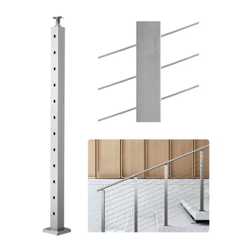 VEVOR Poste de Barandilla de Cable, 1 PCS Poste de Barandilla 106,7 x 5 x 5 cm en Ángulo de 30°, Poste de Acero Inoxidable SUS304 con Soporte Horizontal y Curvo, Plata, 1JZLGZXYS1062TLWC001V0