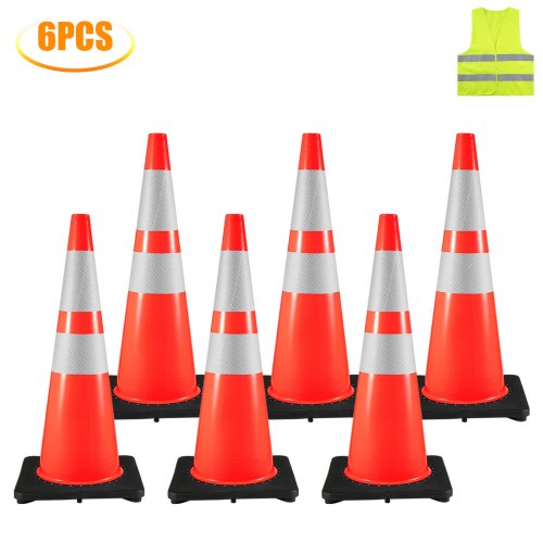 

Conos de seguridad vial 6 piezas Conos de estacionamiento de PVC de 36 "con 2 collares reflectantes Base de goma negra de 14" X 14 "para sitios de construcción de carreteras de advertencia superior