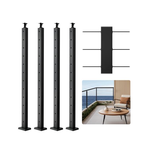 VEVOR Poste de Barandilla de Cable, 4 PCS Postes de Barandilla 106,7 x 5 x 5 cm Poste de Riel de Cable de Acero Inoxidable SUS304 con Soporte Horizontal y Curvo, Negro, 4JZLGZXHS106URZU0001V0