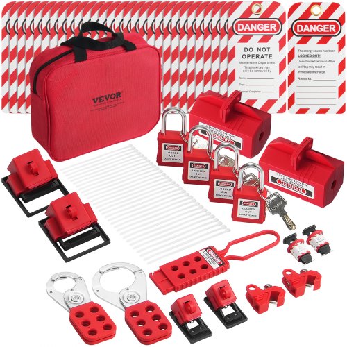 

VEVOR Kit de Etiquetado de Bloqueo Eléctrico, 47 Piezas Kit de Seguridad Loto que Incluye Candados, Cerrojos, Etiquetas, Bridas de Nailon, Bloqueos de Enchufes, para Energía Eléctrica Industrial