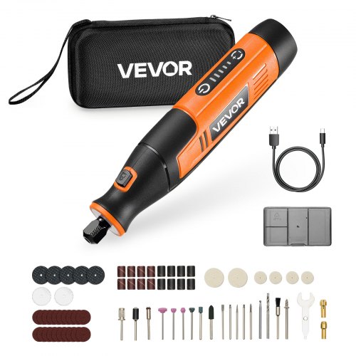 

VEVOR Kit de Herramientas Rotativas Inalámbricas, 73 uds, Portátil, de 4 V CC, 5 Velocidades Ajustables, 7000-20 000 RPM, a Grabar, Lijar, Pulir, Tallar, Cortar y Manualidades, 162 x 35 x 40 mm