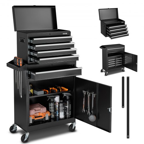 VEVOR Caja de Herramientas con Ruedas, 2 en 1 Organizador de 5 Cajones con Superior Desmontable, Barra de Seguridad, Revestimiento Protector y Soporte para Herramientas, para Garaje, Almacén y Taller