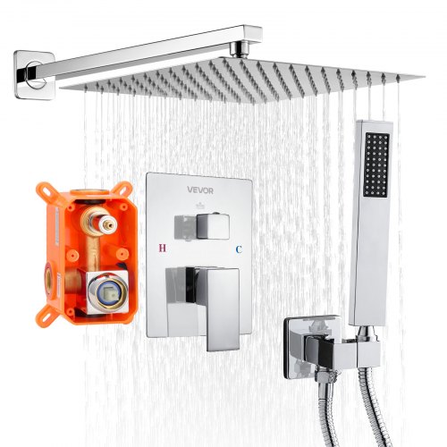 

VEVOR Juego de Grifo de Ducha de Lluvia con Cabezal de Ducha Cuadrado 30,5 cm y Rociador de Mano, Grifería de Baño de Pared con Válvula Latón y Kit de Embellecedor, 6,7 L/min, Cromado Plateado