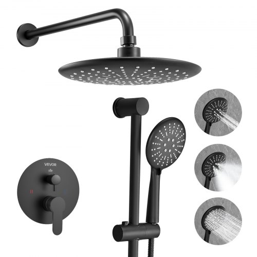 

VEVOR Juego de Grifo de Ducha de Lluvia, con Cabezal de Ducha Redondo de 23 cm y Rociador de Mano, Grifería de Baño de Pared con Válvula de Latón y Kit de Embellecedor, 6,7 L/min, Negro Mate