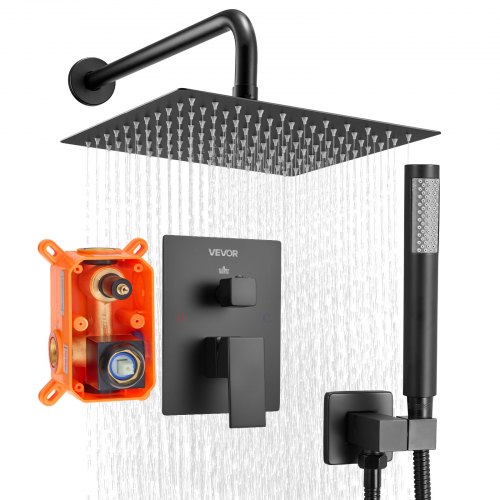 

VEVOR Juego de Grifo de Ducha de Lluvia con Cabezal de Ducha Cuadrado de 25,4 cm y Rociador de Mano, Grifería de Baño de Pared con Válvula de Latón y Kit de Embellecedor, 6,7 L/min, Negro Mate
