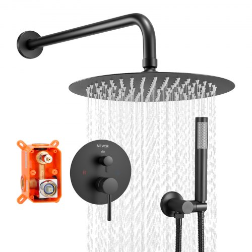 

VEVOR Juego de Grifo de Ducha de Lluvia con Cabezal de Ducha Redondo de 20,3 cm y Rociador de Mano, Grifería de Baño de Pared con Válvula de Latón y Kit de Embellecedor, 6,7 L/min, Negro Mate