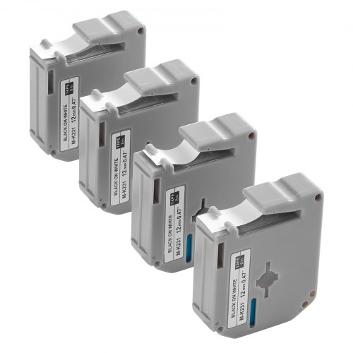 

VEVOR 4 Paquetes Cinta para Rotuladora, Ancho de 12 mm, Compatible con Varios tipos de Rotuladoras Brother, Duradera y Resistente al Agua Repuesto para Letra Tag M-K231, Color Negro Sobre Blanco