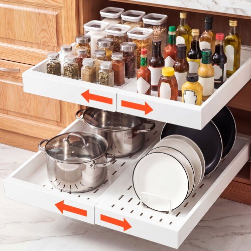

VEVOR Cajón Extraíble para Armario de Cocina 2 PCs Cajón Telescópico Blanco, Ancho Expandible de 31-48 cm, Profundidad de 52 cm, Carga 9 kg por Nivel, Con Tiras Adhesivas Nano, Para Despensa de Cocina