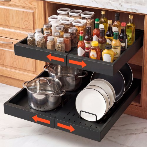 

VEVOR Cajón Extraíble para Armario de Cocina 2 PCs Cajón Telescópico Negro, Ancho Expandible de 31-48 cm, Profundidad de 52 cm, Carga 9 kg por Nivel, Con Tiras Adhesivas Nano, Para Despensa de Cocina