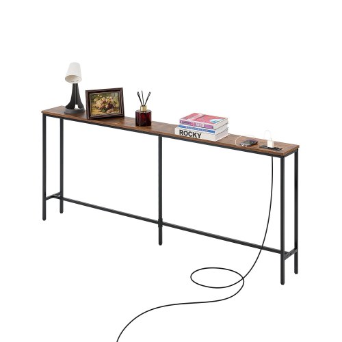 

VEVOR Mesa de Consola Estrecha para Sofá, 180 x 20 x 80 cm, Mesa de Entrada Larga de 1 Nivel con Tomas de Corriente, Estructura de Metal y Estación de Carga, para entrada, pasillo, Marrón y Negro