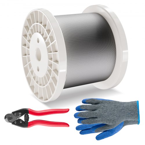 

VEVOR Kit de Cables de Alambre de 3,18 mm Cable de Acero Inoxidable 316 de 182,3 m con Cortador y Guantes, Resistencia a la Rotura de 7,1 kN, 7x7 Hebras, Cables de Grado de Aeronáutico para Pasamanos
