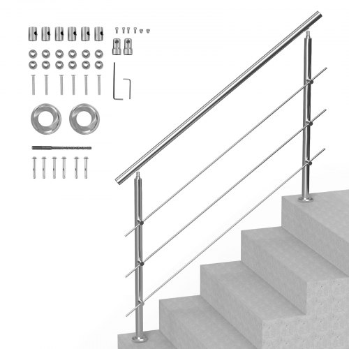 VEVOR Pasamanos de Escalera 150 cm Barandilla de Escalera para Escalones Exteriores de Acero Inoxidable 3 Travesaños con Kit de Instalación Barra de Agarre para Personas Mayores, Porche, Patio