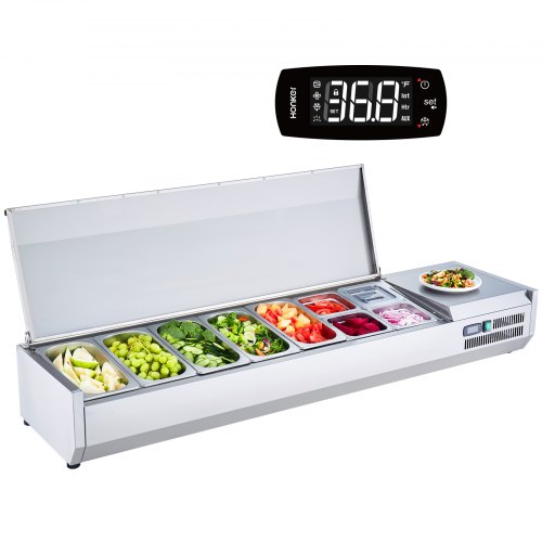 

VEVOR Estación de Preparación de Condimentos Refrigerada, Estación de Condimentos Refrigerada para Encimera de 165 W, Cuerpo Inoxidable 304 y Tapa de PC, Mesa de Preparación 1655 x 404 x 280 mm