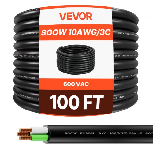 

VEVOR Cable de Extensión de Alimentación Eléctrica 30,48 m 10 AWG (6 mm²) 3 Conductores